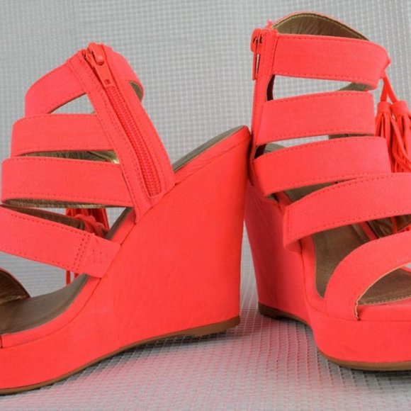 Platform Wedge Sandals Peachy Pink Zipper Tassels - Picture 3 of 8